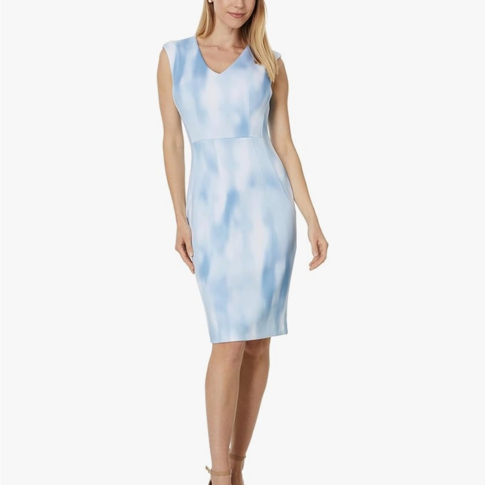 Calvin Klein Blue and White Sheath Breeze Dress V-Neck Cap Sleeve Midi